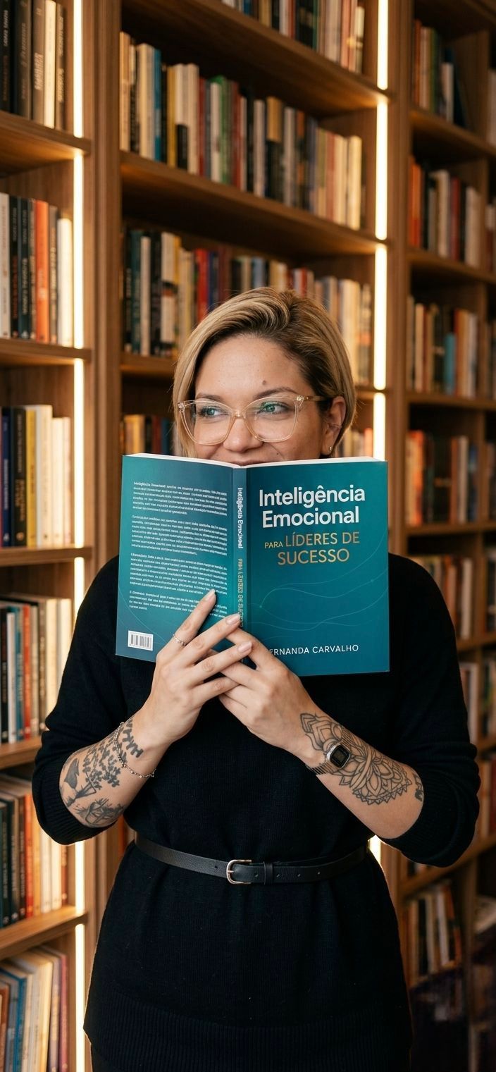 Fernanda Carvalho sorrindo atrás do seu livro “Inteligência Emocional para Líderes de Sucesso”, em frente a uma estante de livros