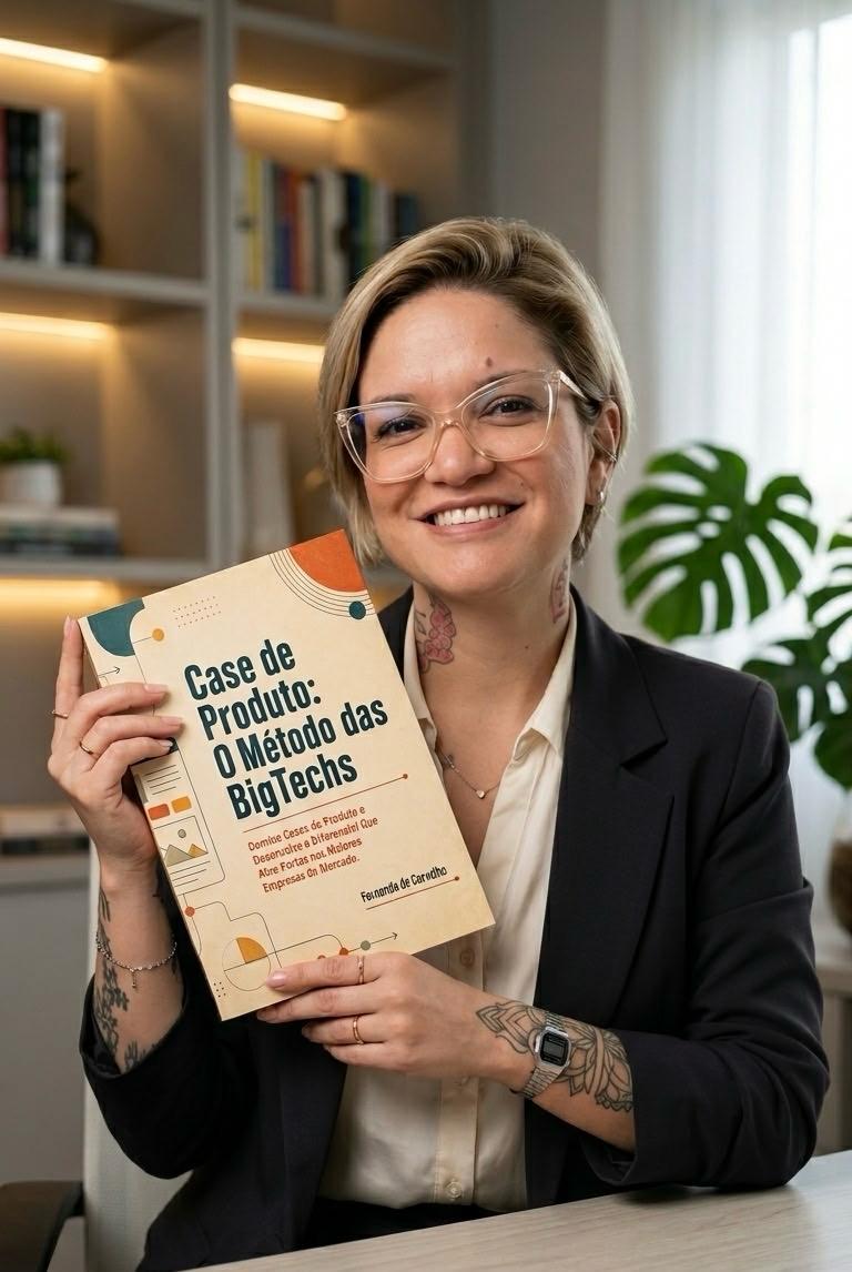 Fernanda Carvalho sorrindo e segurando o livro “Case de Produto: O Método das BigTechs” em um escritório com estante e planta ao fundo