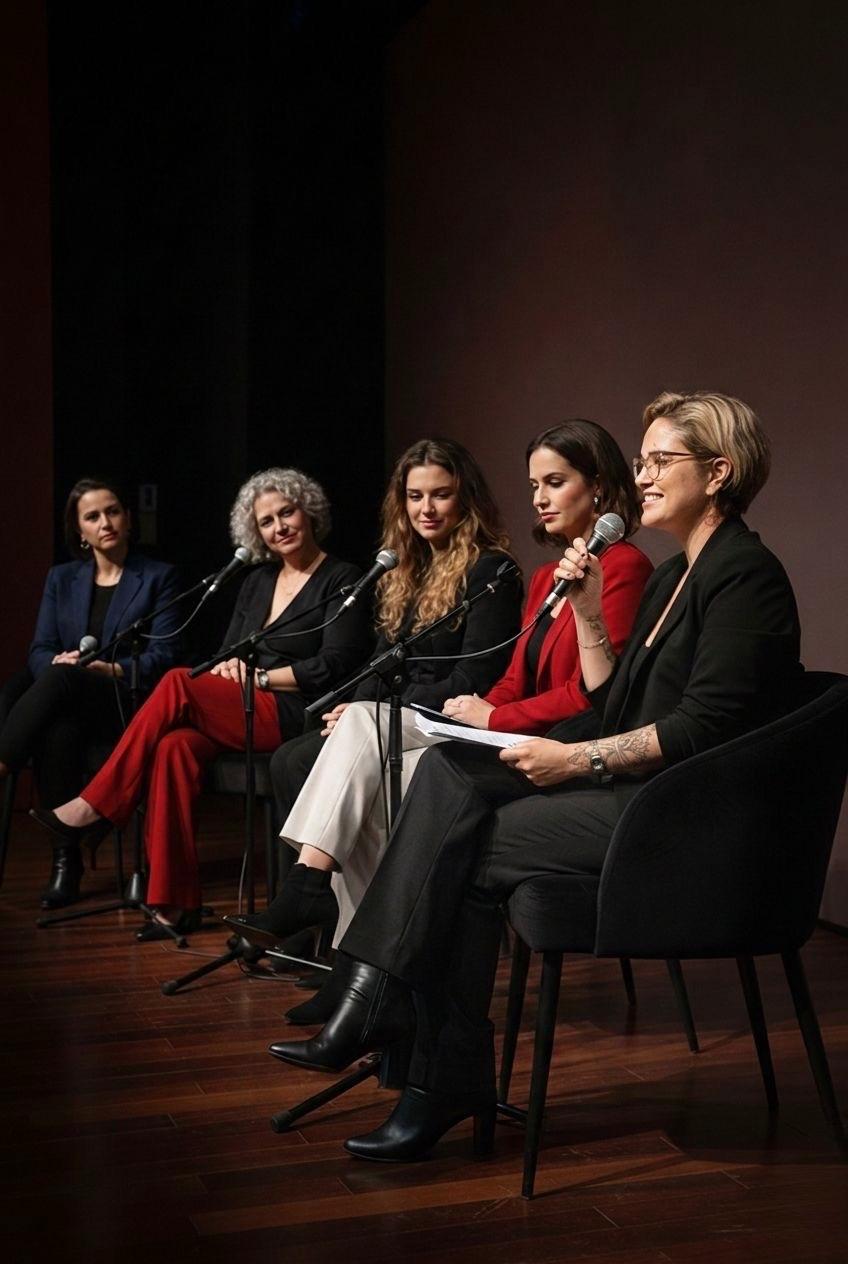 Fernanda Carvalho em um painel com outras quatro mulheres sentadas em um palco, cada uma com microfone