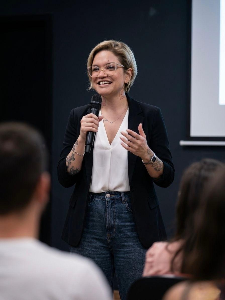 Fernanda Carvalho sorrindo e falando ao microfone para uma plateia, em frente a um telão